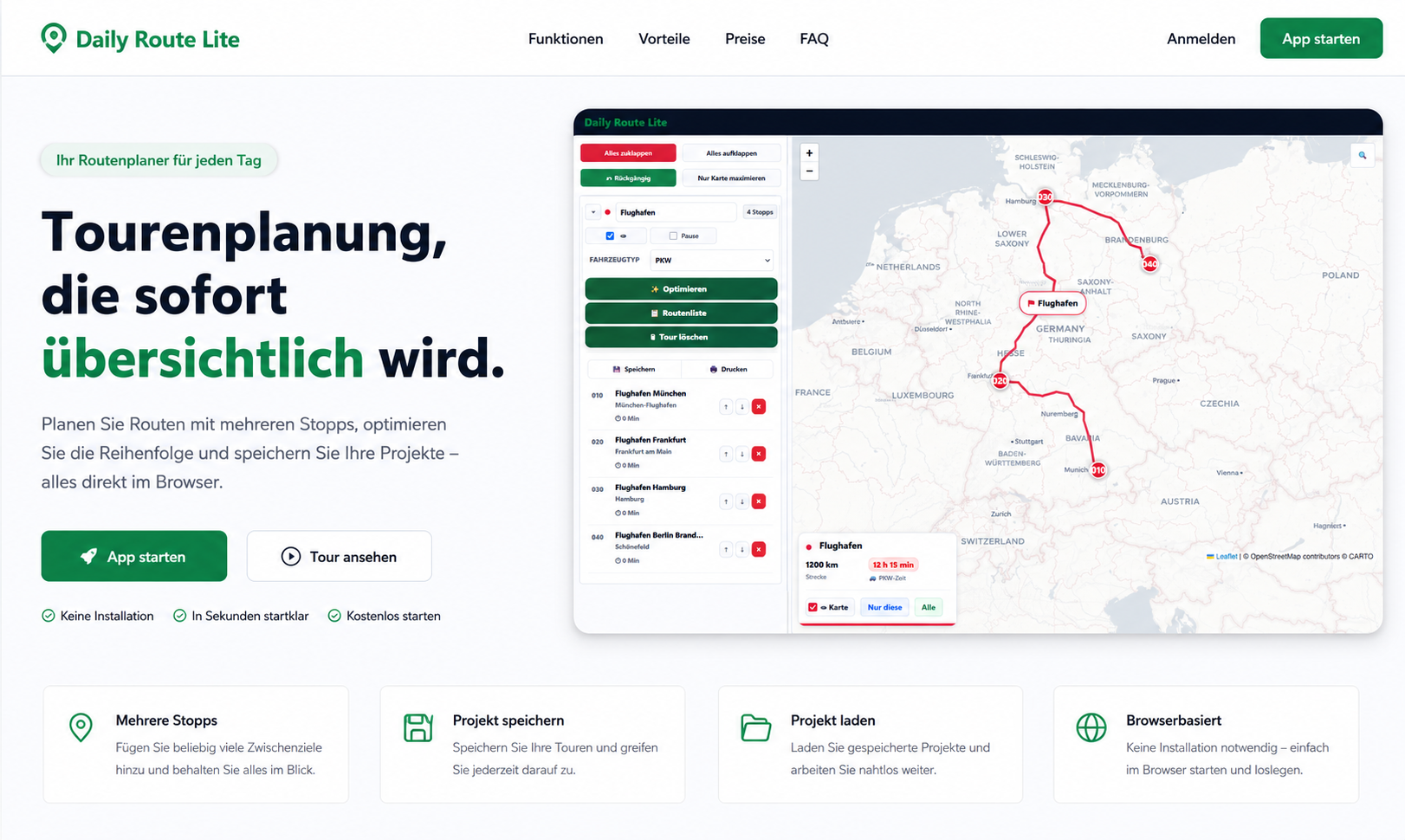 Screenshot von Daily Route Lite mit geplanter Route und mehreren Stopps